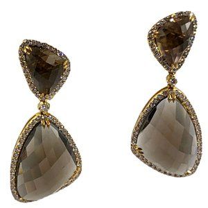FABULOUS $4.5K Eli Frei Smokey Quartz Diamond Earrings 18K Yellow Gold